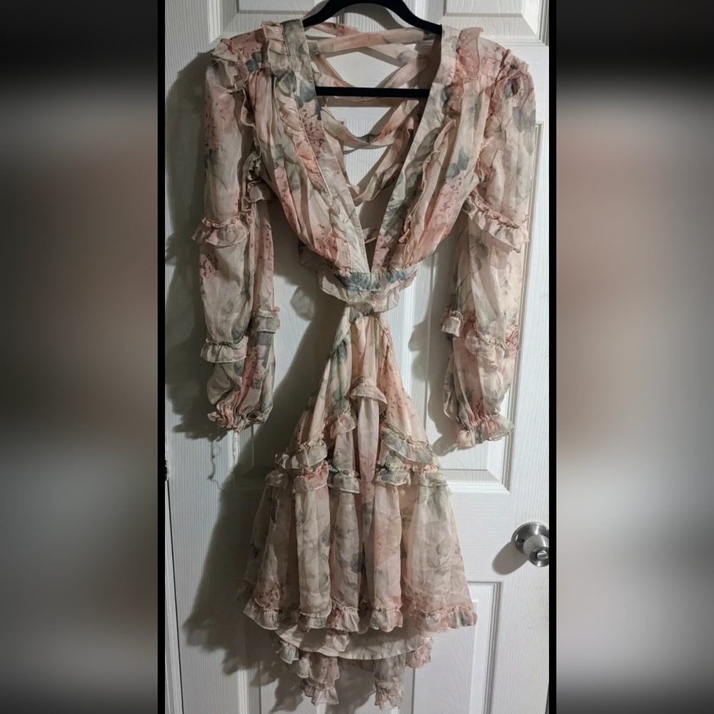 FINAL PRICE Peach Floral Print Dress XS V-Neck Long Slv Ruffly Cutout Lace Back - Picture 3 of 8